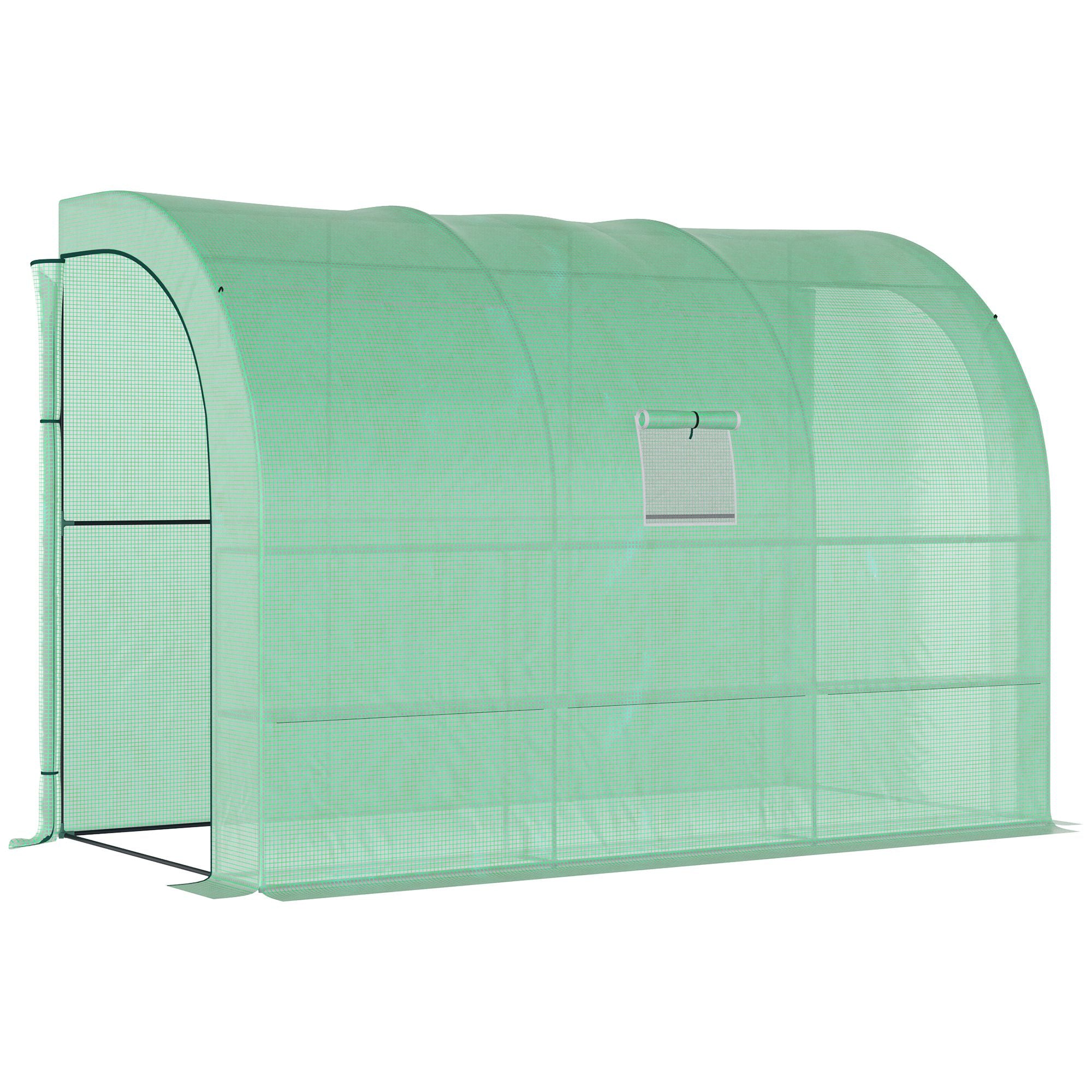 Outsunny Walk-In Lean to Wall Greenhouse with Windows and Doors 2 Tiers 6 Wired Shelves 300L x 150W x 215Hcm Green