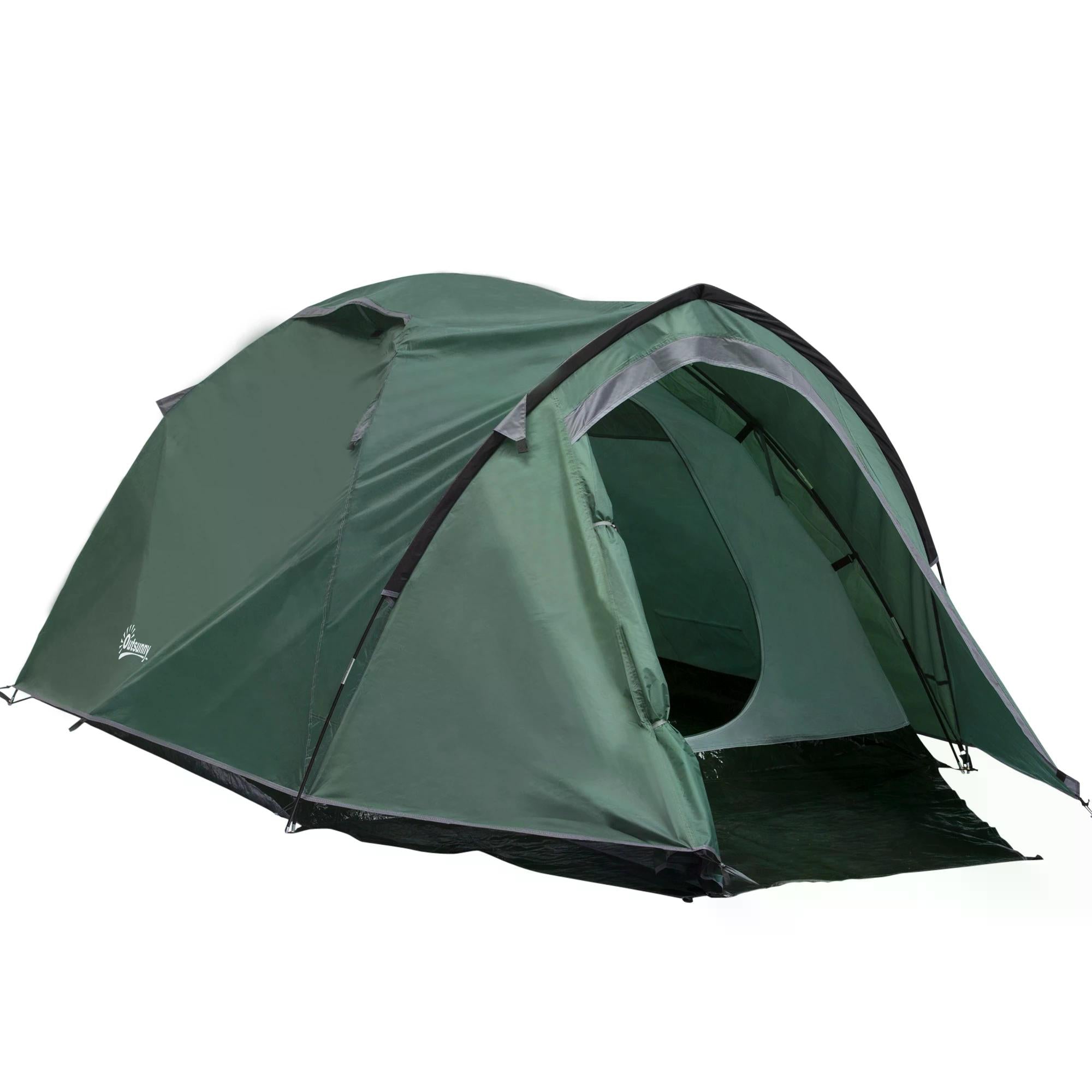 Outsunny Camping Dome Tent 2 Room for 3-4 Person with Weatherproof Vestibule Backpacking Tent Large Windows Lightweight for Fishing & Hiking Green