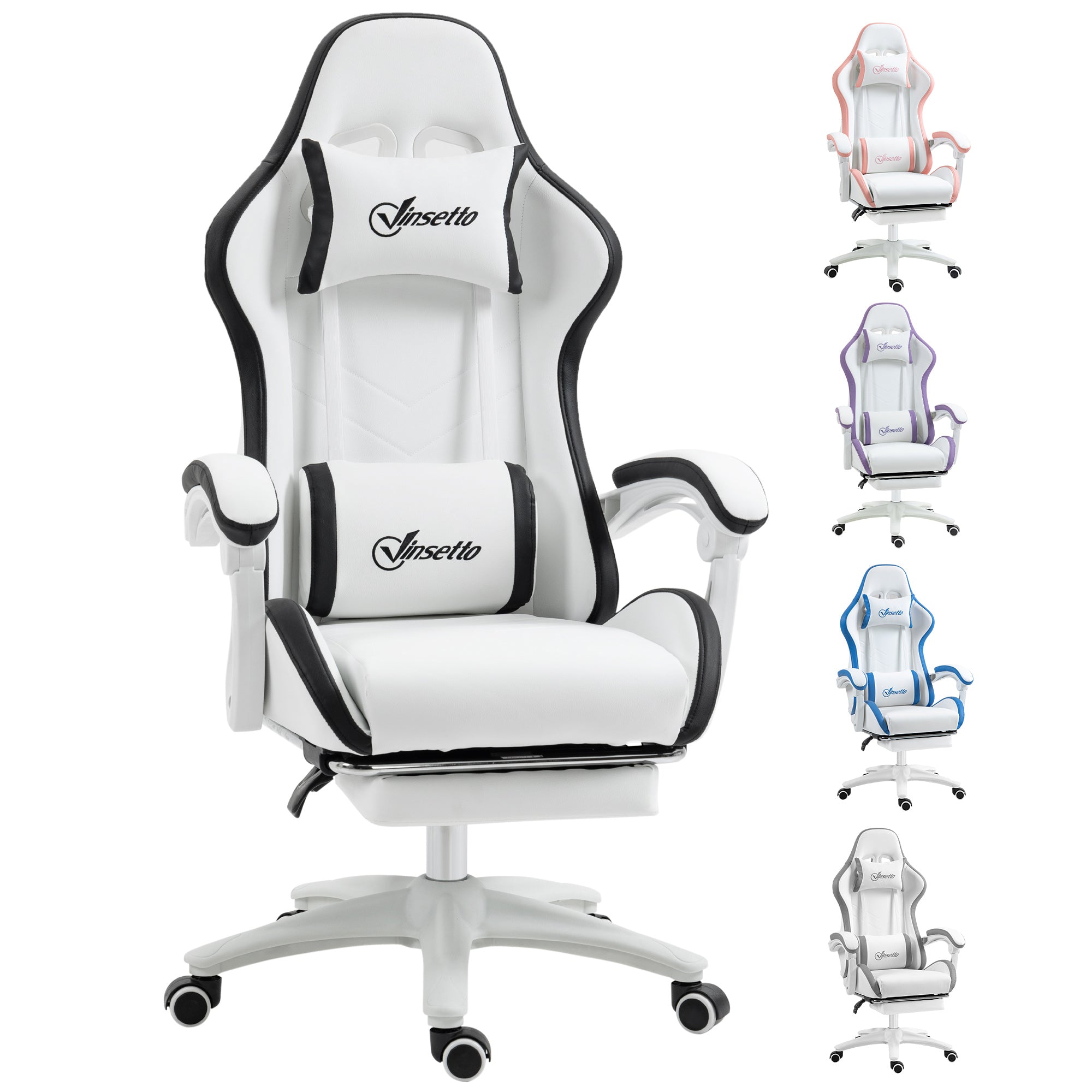 Vinsetto Racing Gaming Chair, Reclining PU Leather Computer Chair with 360 Degree Swivel Seat, Footrest, Removable Headrest White and Black