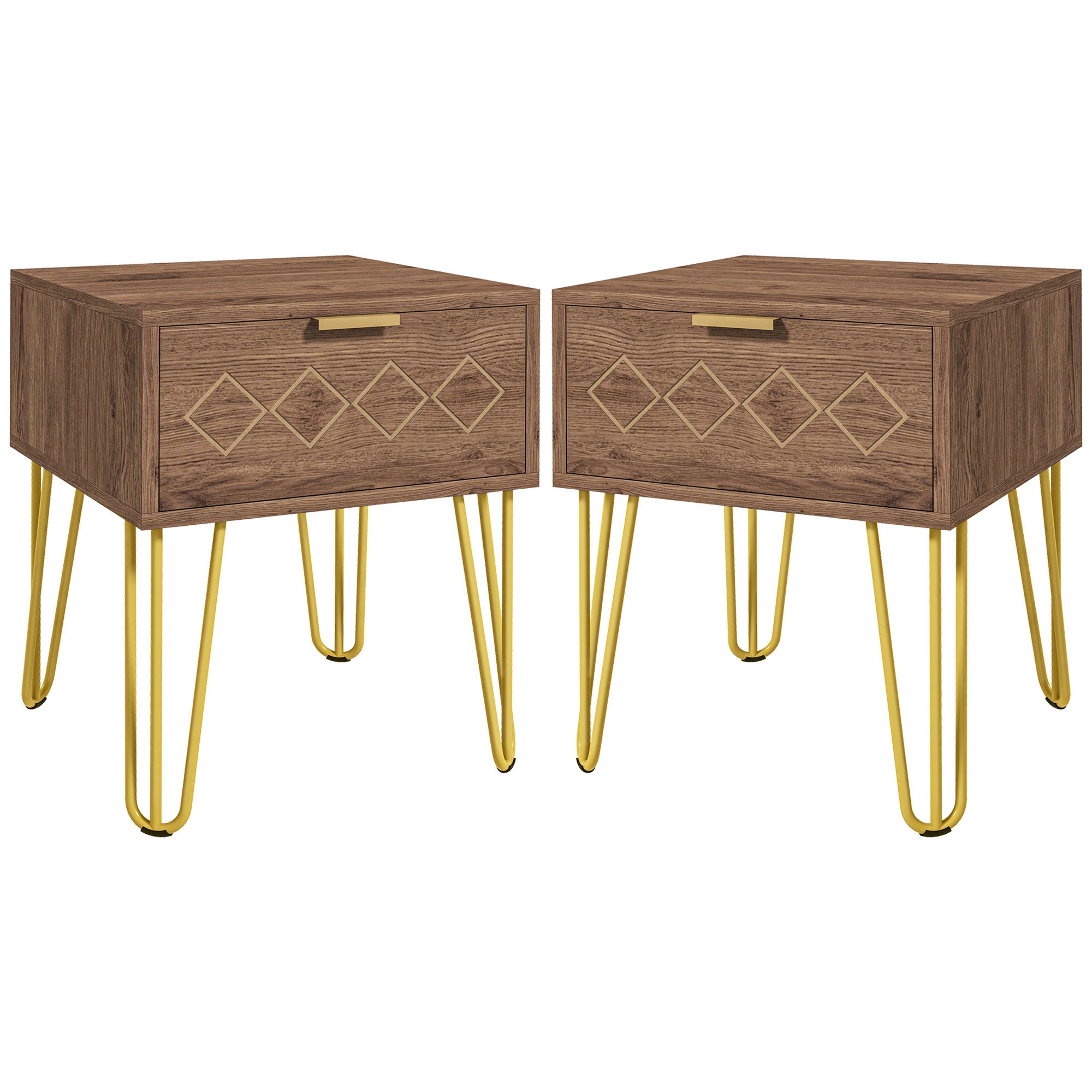 HOMCOM Bedside Table Set of 2 with Drawer, Wooden Nightstand, Modern Sofa Side Table with Gold Tone Metal Legs for Bedroom