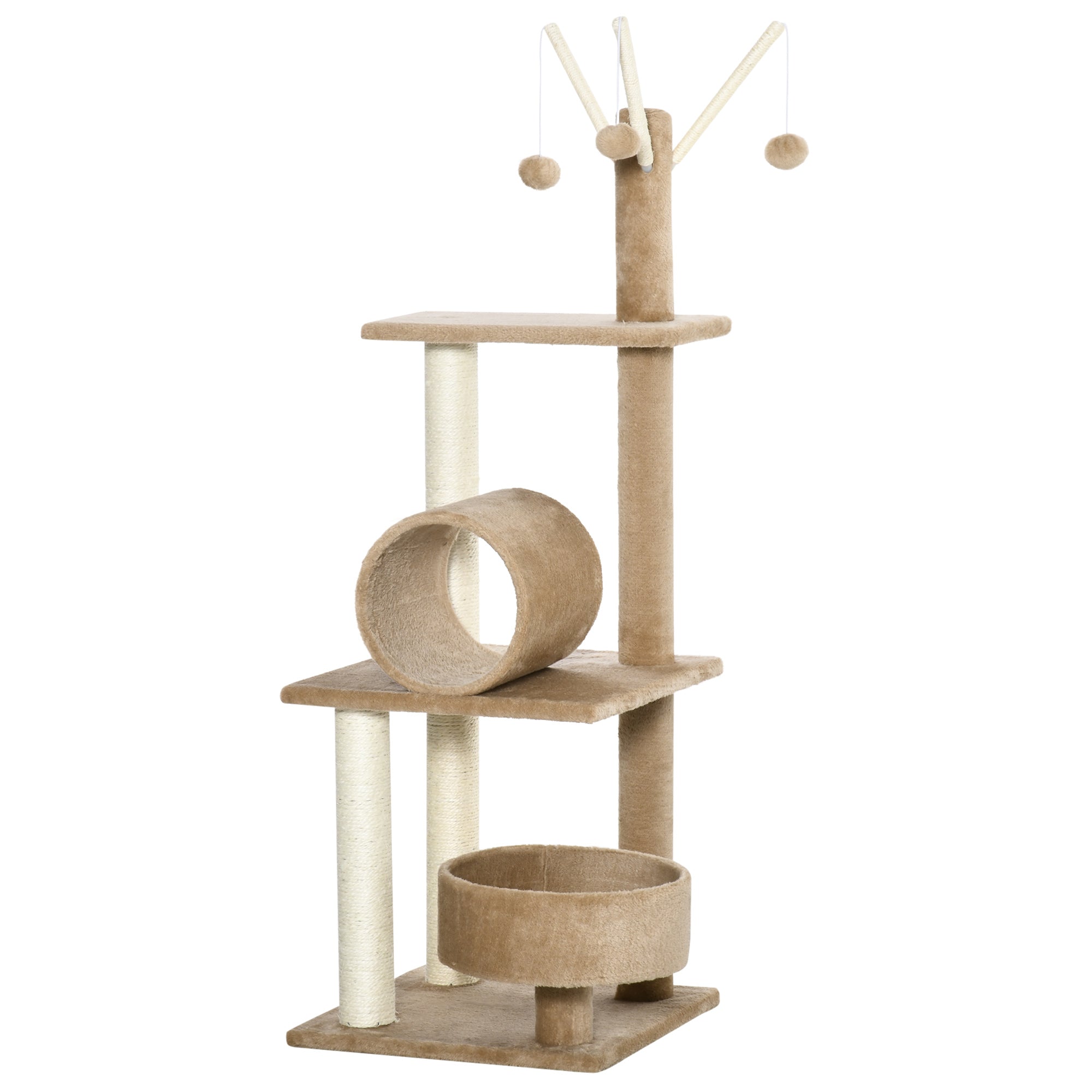 PawHut Cat Tree Tower, 121cm Kitten Activity Centre with Scratching Post, Bed Tunnel Perch, Interactive Ball, Brown