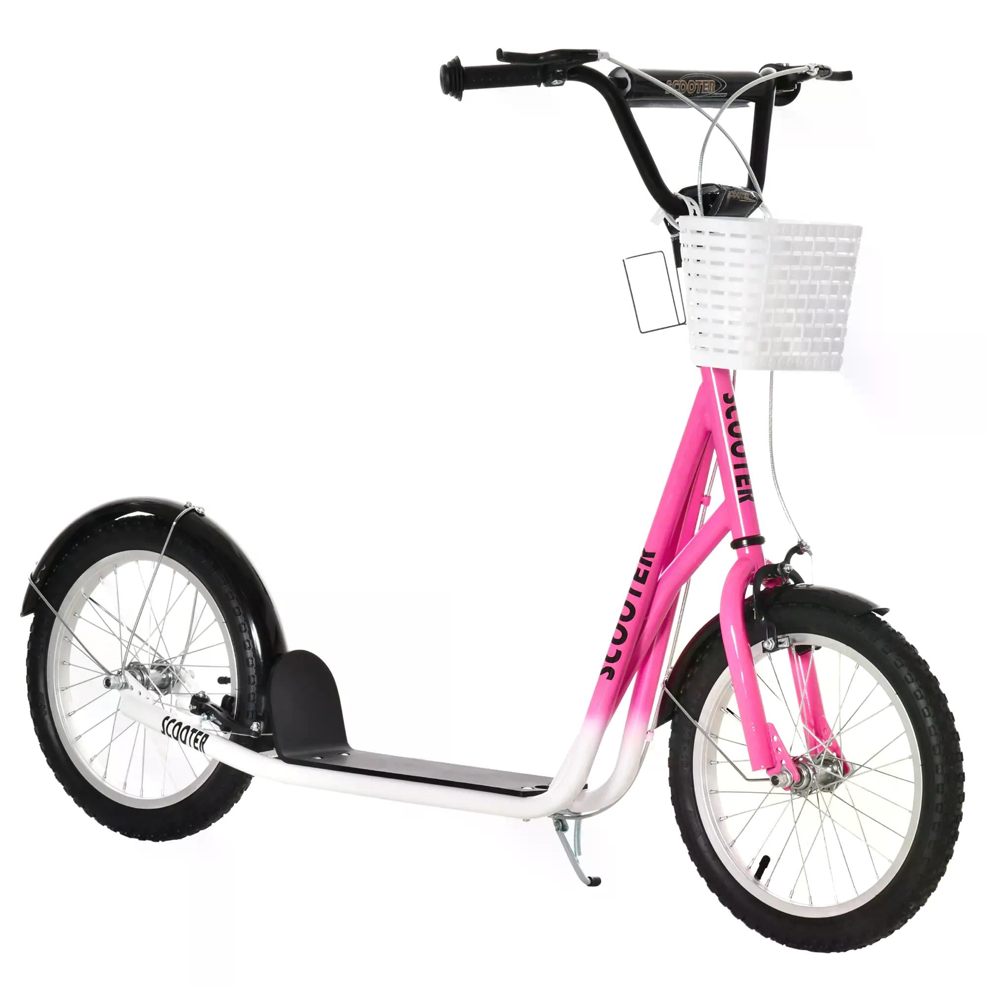 HOMCOM Kids Kick Scooter Teen Ride On Children Scooter with Adjustable Handlebar 2 Brakes Basket Cupholder Mudguard 16" Inflatable Rubber Tyres Pink