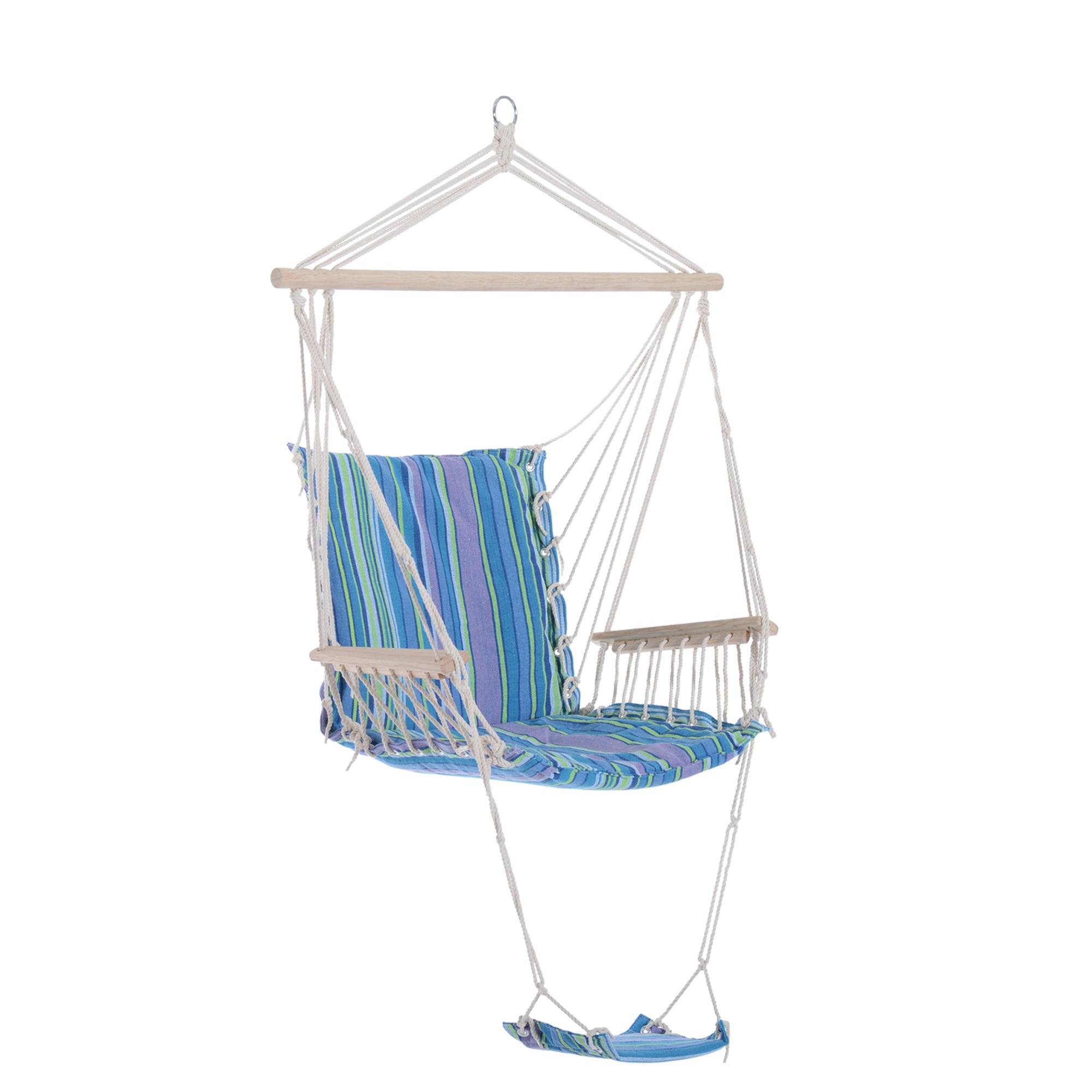 Outsunny Patio Swing Seat: Outdoor Hammock Hanging Chair, Wooden with Footrest, Armrest & Cotton Cloth, Blue