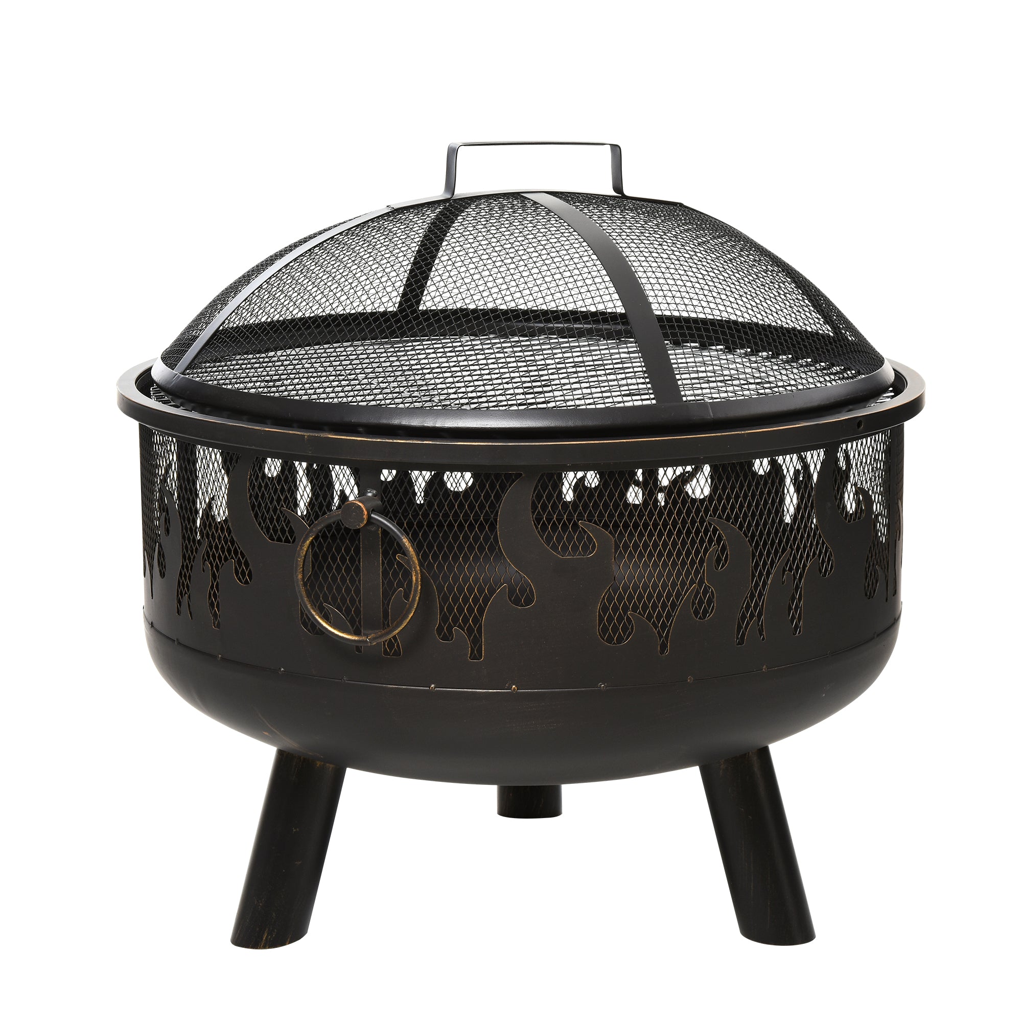 Outsunny 2-in-1 Outdoor Fire Pit with Cooking Grate Steel BBQ Grill Bowl Heater with Spark Screen Cover, Fire Poker for Backyard Bonfire Patio