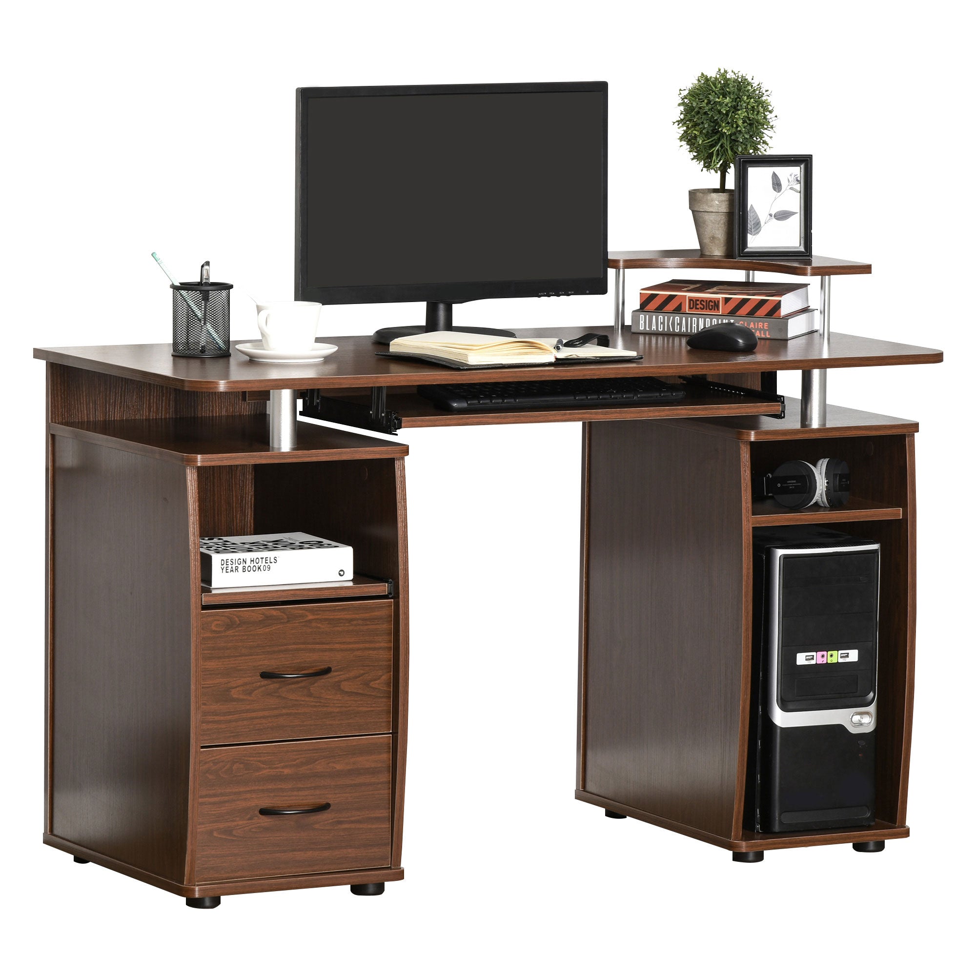 HOMCOM Computer Desk Office PC Table Workstation Gaming Study with Keyboard Tray, CPU Shelf, Drawers, Sliding Scanner Shelf, Brown