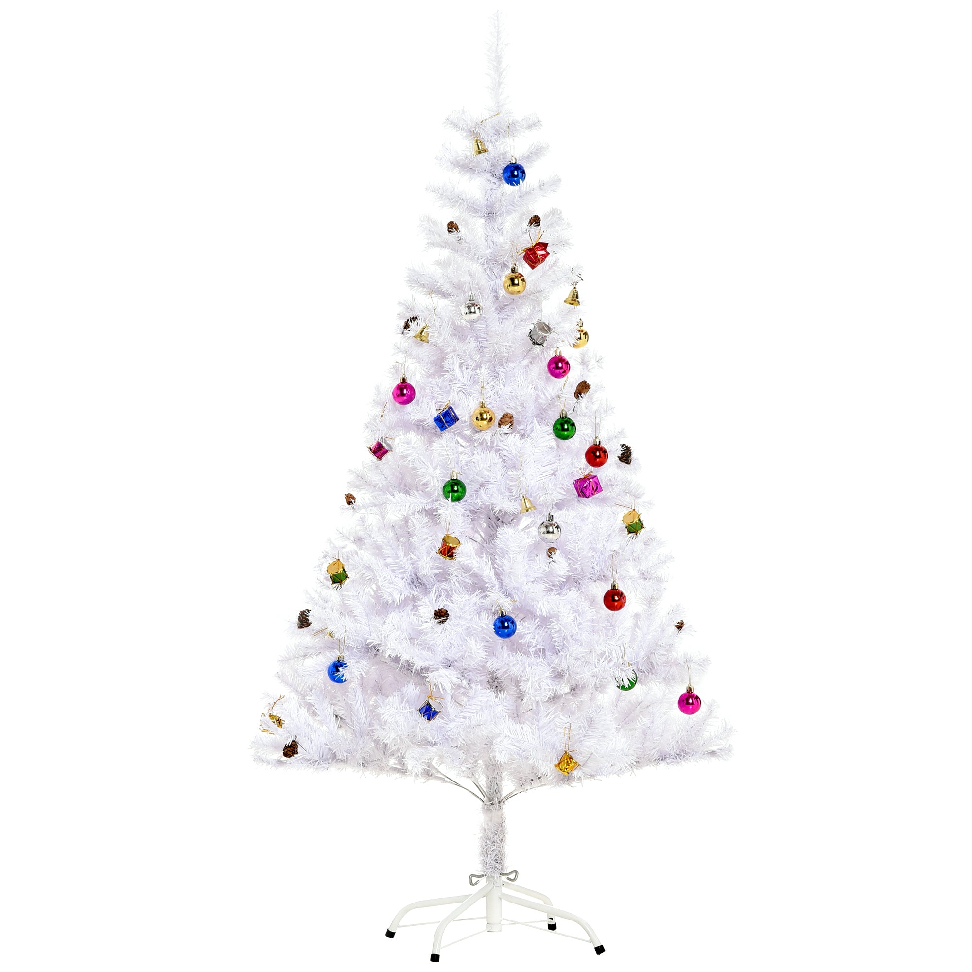 HOMCOM 4.9ft Artificial Christmas Tree Holiday Home Decoration with Xmas Ornaments and Metal Stand, White