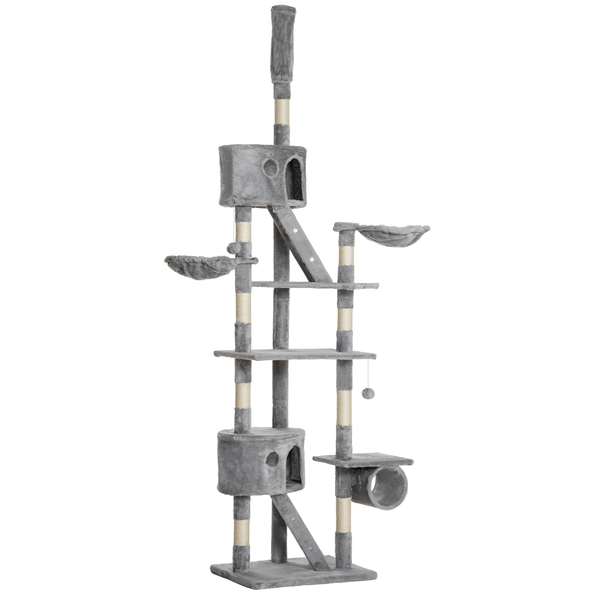 PawHut Floor to Ceiling Cat Tree for Indoor Cats 240-260cm Adjustable Height Light Grey