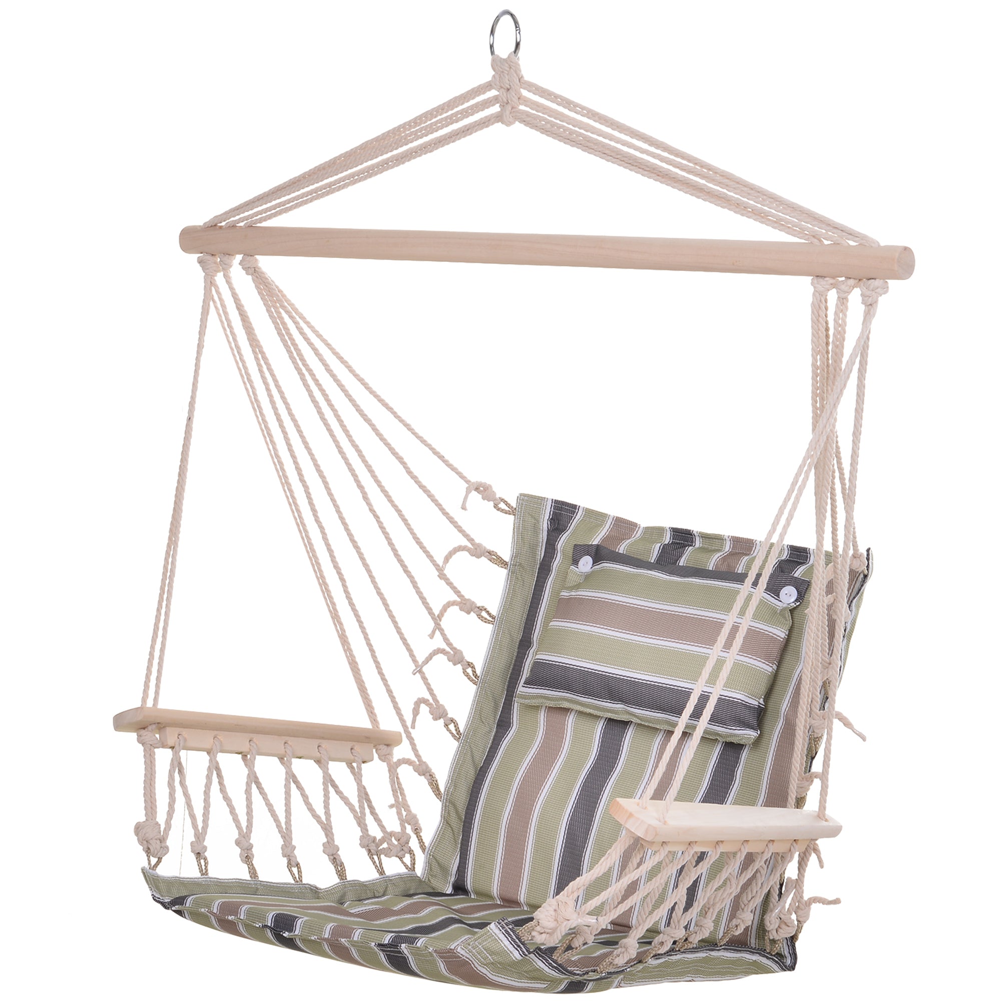 Outsunny Hanging Hammock Chair, Outdoor Garden Rope Swing with Wooden Arms, Wide Safe Seat, Stylish Multicoloured Stripes