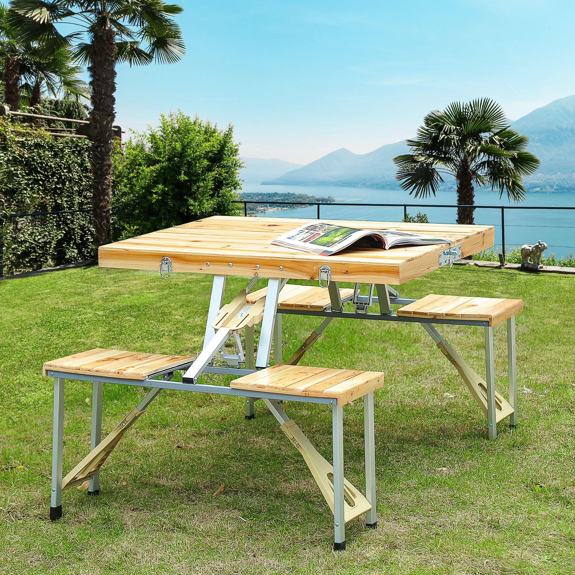 Outsunny Portable Folding Camping Picnic Table Party Field Kitchen Outdoor Garden BBQ Chairs Stools Set Wooden Wood