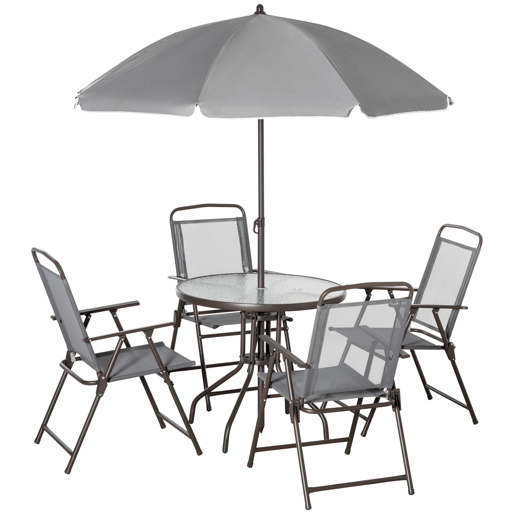 Outsunny 6 Piece Patio Dining Set with Umbrella, 4 Folding Dining Chairs & Round Tempered Glass Table for Garden, Backyard and Poolside, Grey