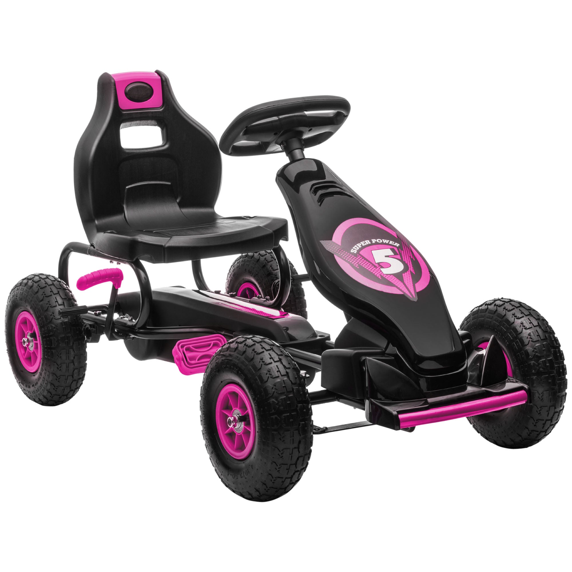 HOMCOM Children Pedal Go Kart, Racing Go Cart with Adjustable Seat, Inflatable Tyres, Shock Absorb, Handbrake, for Boys and Girls Ages 5-12, Pink