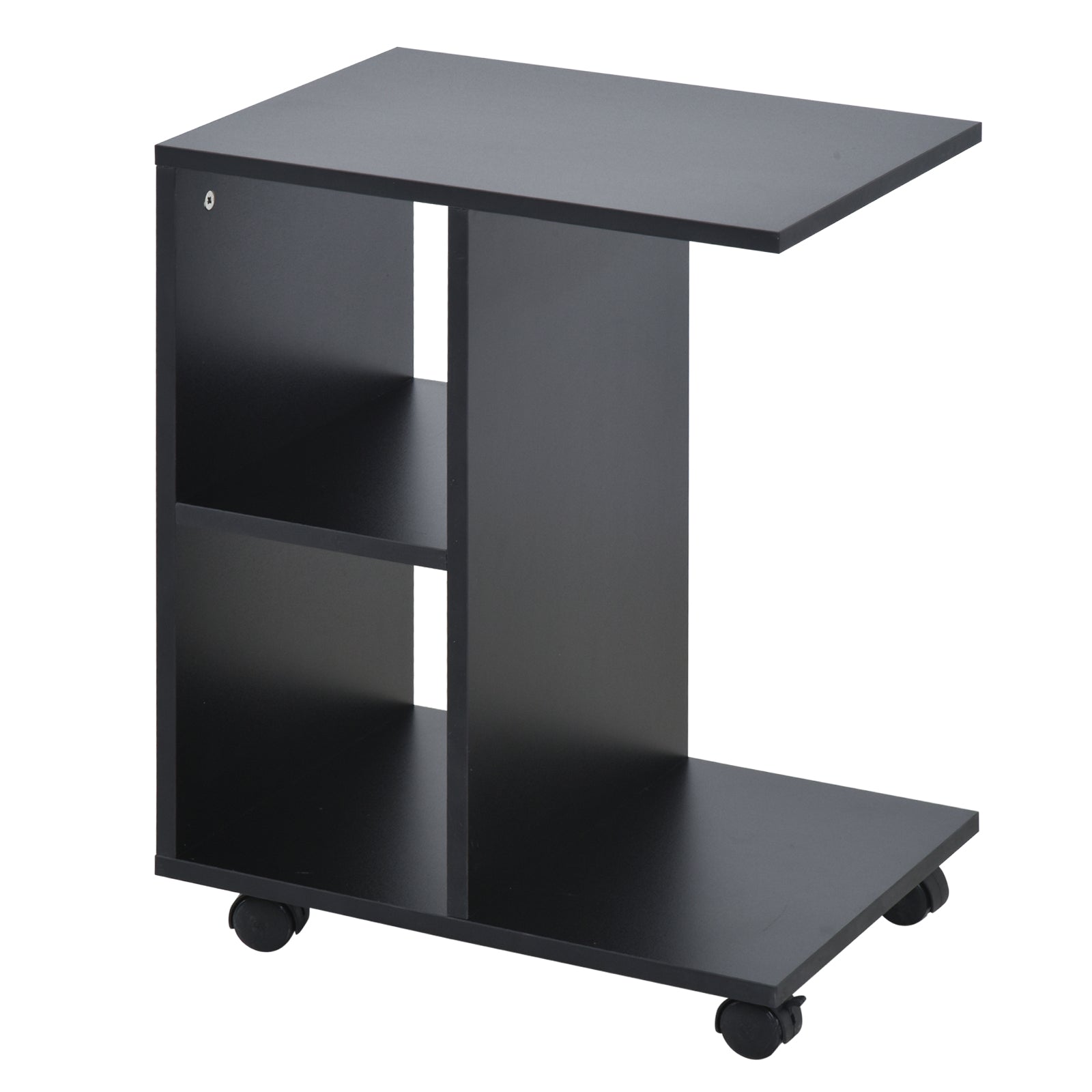 HOMCOM C-Shape End Table Unique Storage Unit w/ 2 Shelves 4 Wheels Freestanding Home Office Furniture Cabinet Square Studio Black