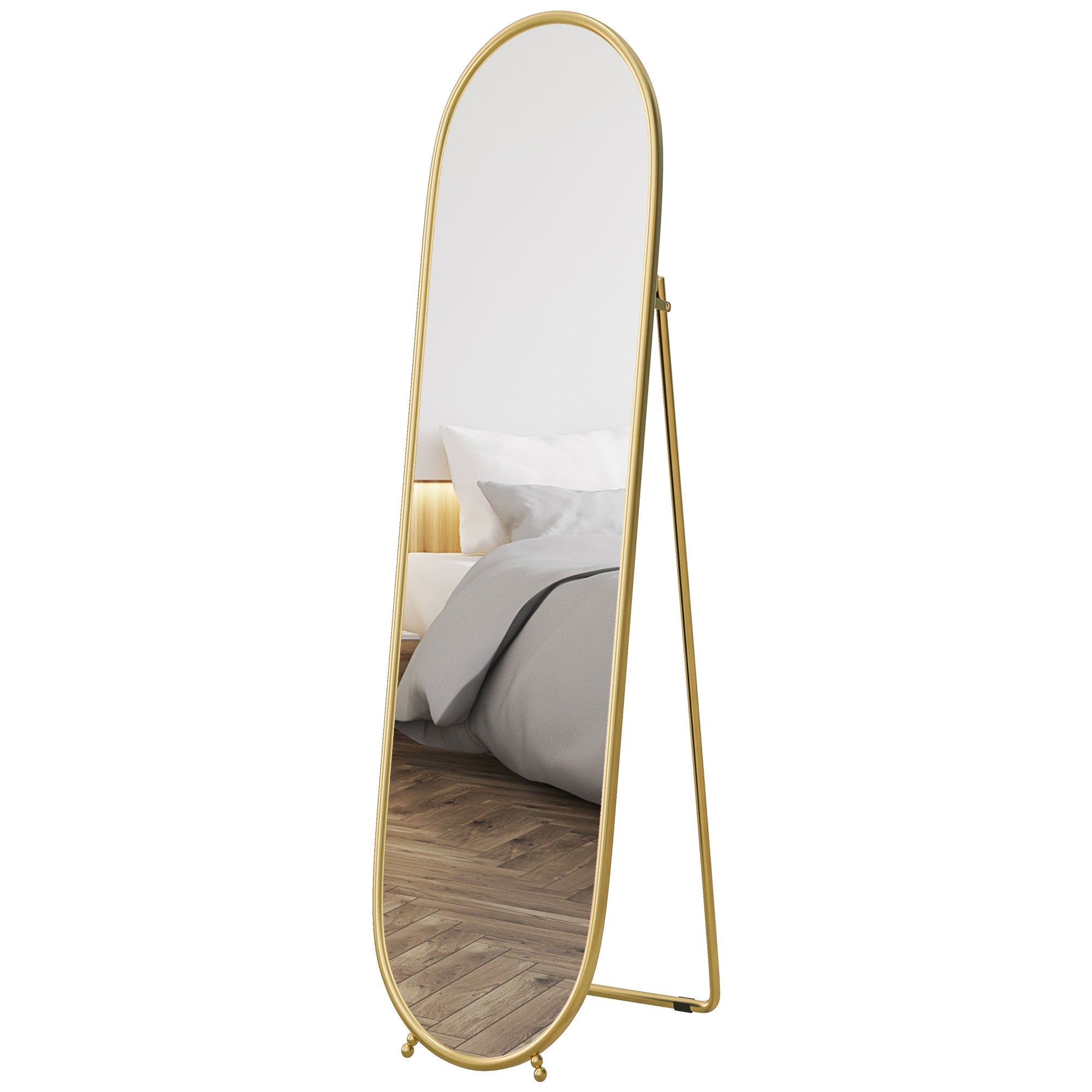 HOMCOM 40 x 160cm Full Length Mirror, Floor Standing, Wall-Mounted or Leaning Against Wall Tall Mirror with Support Frame, Oval Full Body Mirror for Bedroom, Living Room, Gold Tone