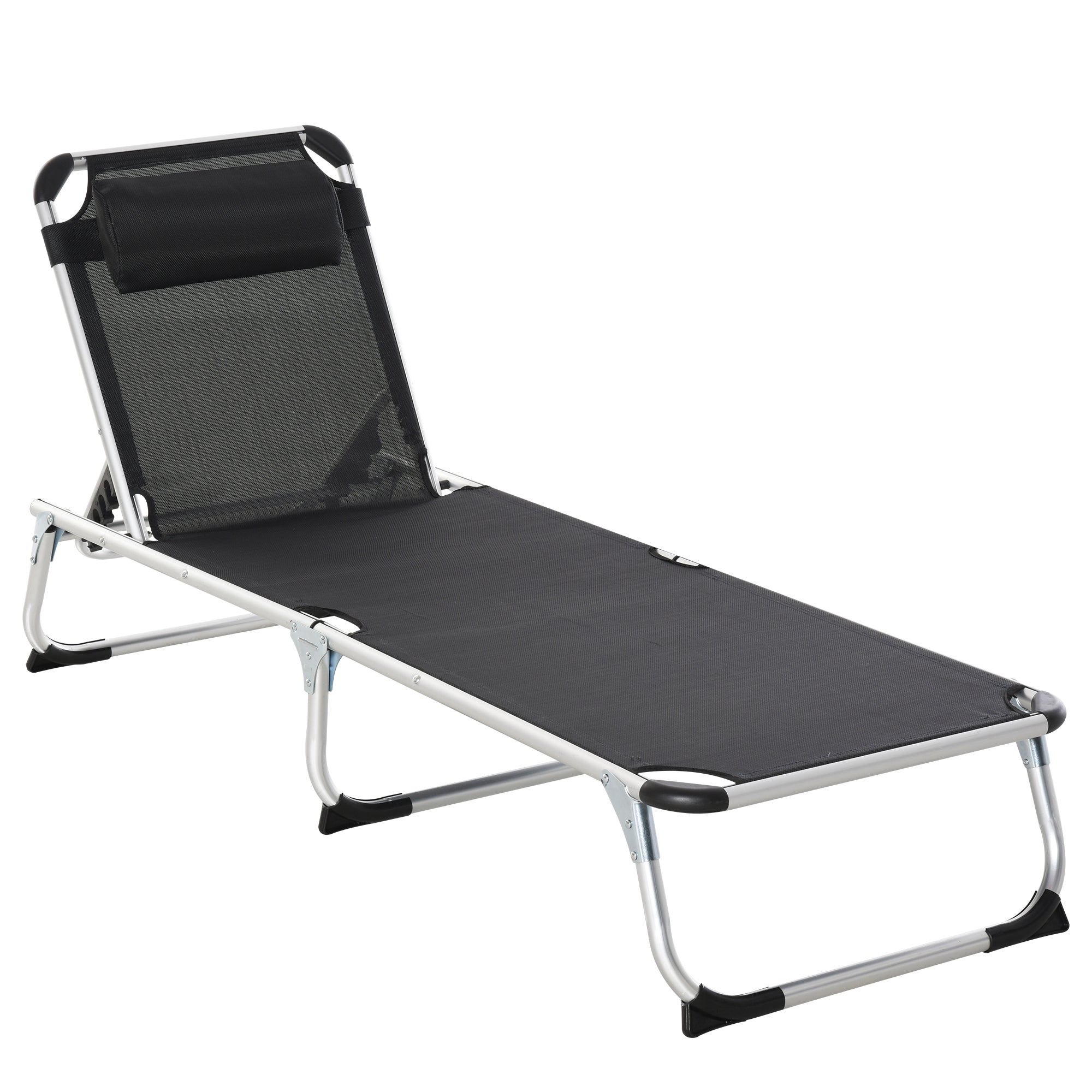 Outsunny Foldable Reclining Sun Lounger Lounge Chair Camping Bed Cot with Pillow 5-Level Adjustable Back Aluminium Frame Black