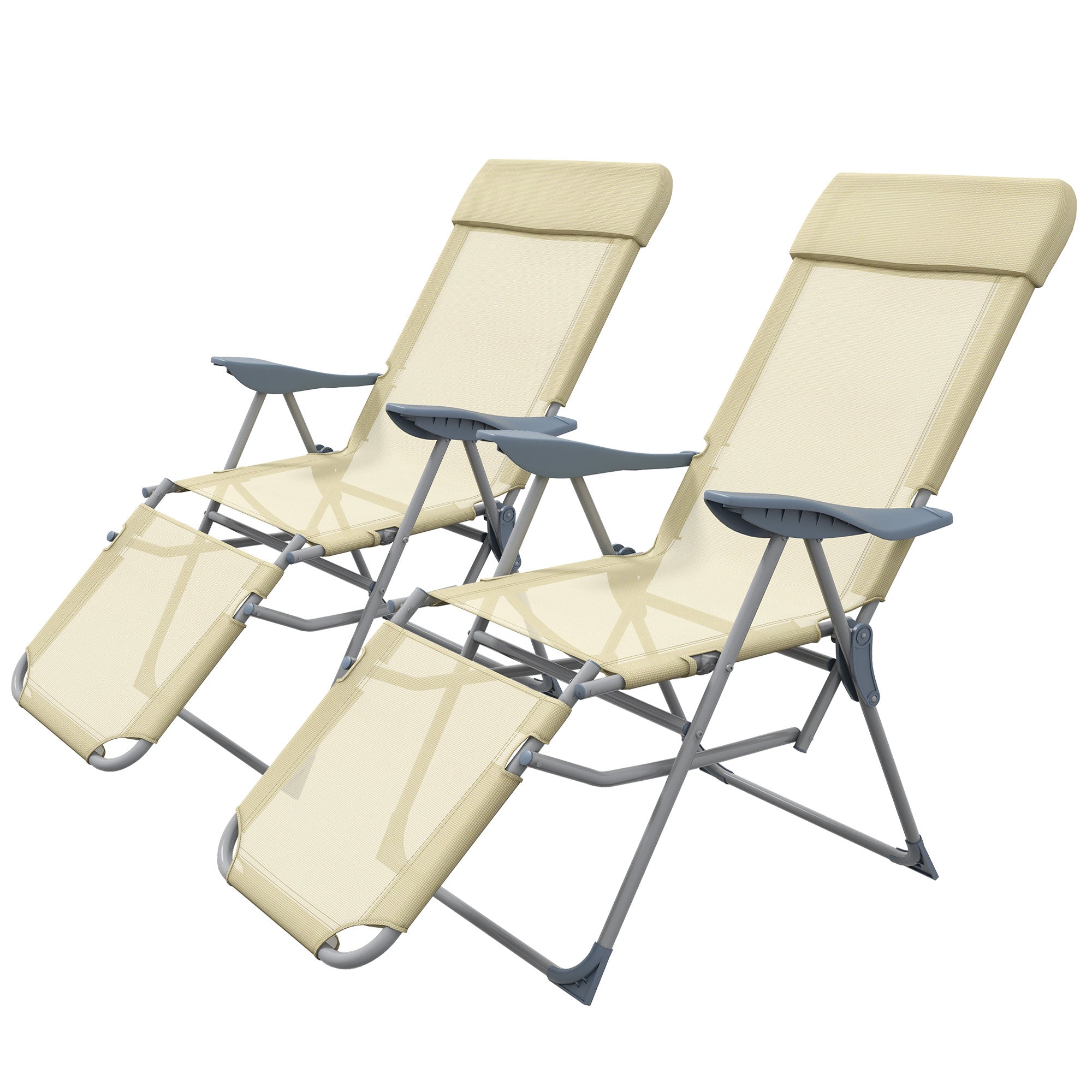 Outsunny Outdoor Sun Lounger Set of 2, Reclining Garden Chairs w/ Adjustable Footrest, 2 pcs Recliner w/ 5-level Adjustable Backrest, Headrest, Beige