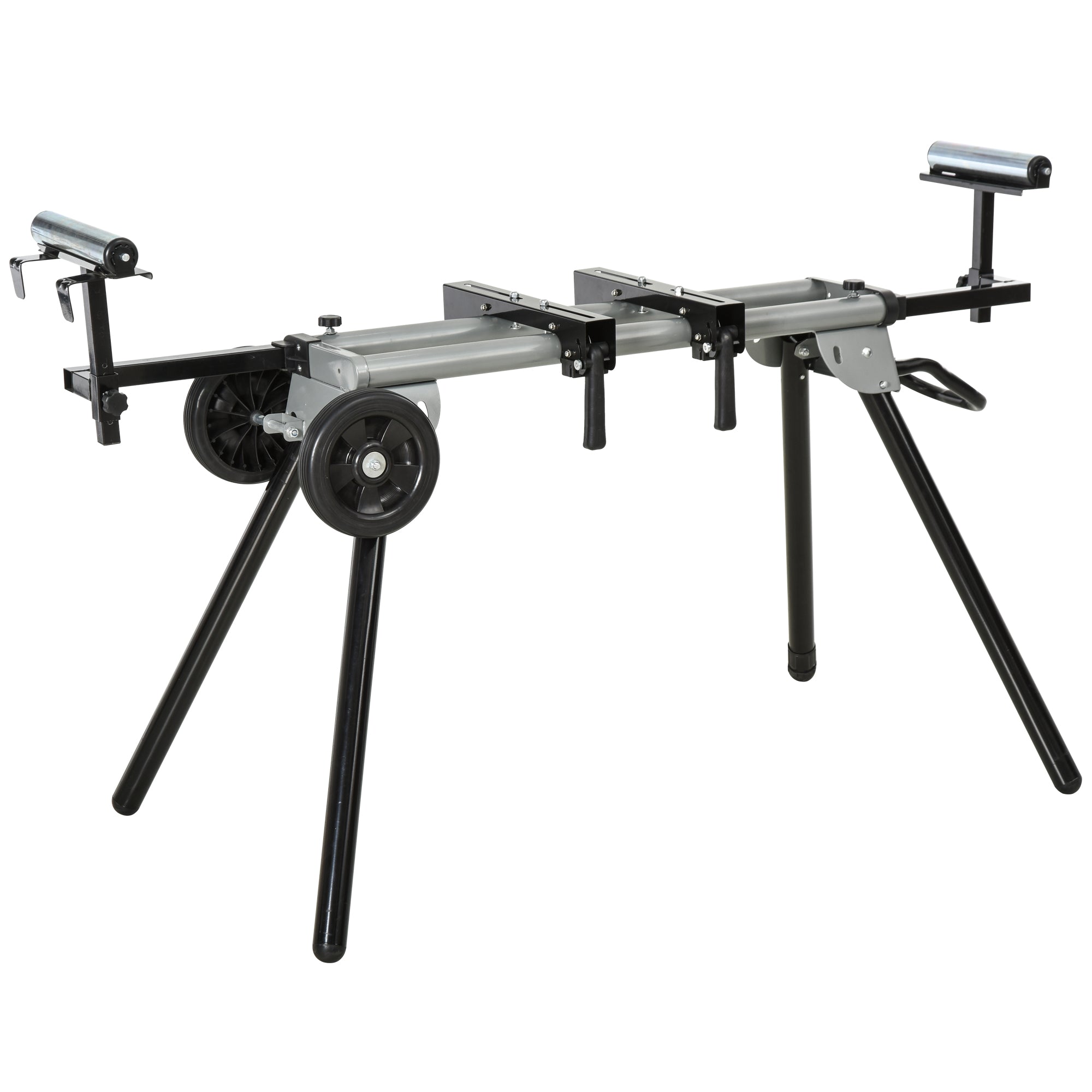 DURHAND Miter Saw Stand with Extensions, Sawhorse for Cutting Logs, Foldable with Wheels Max Load 150 Kg, Black and Grey