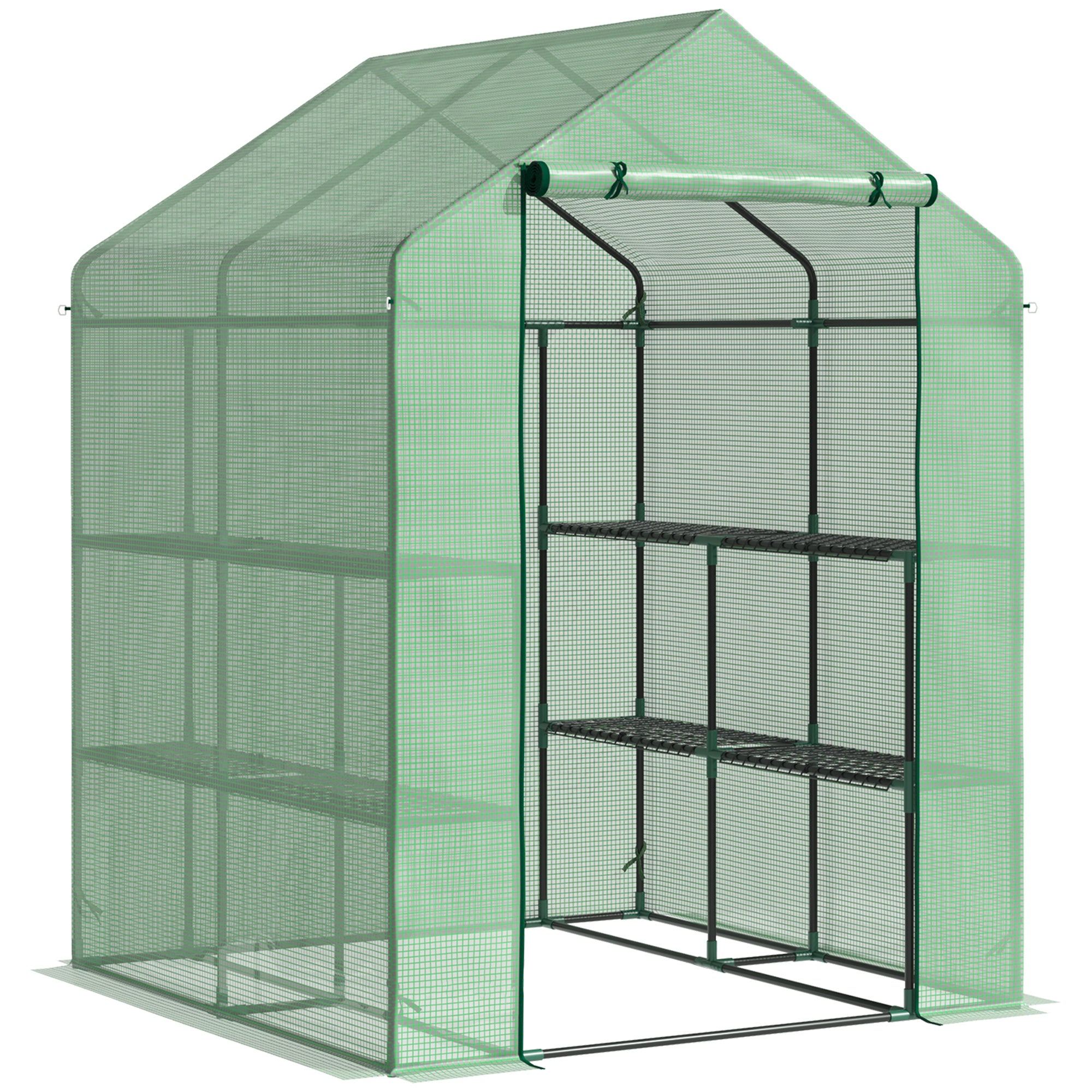 Outsunny Lean-to Greenhouse with Shelving: Removable Cover Steeple Polytunnel for Nurturing Plants, 143x138x190cm, Verdant