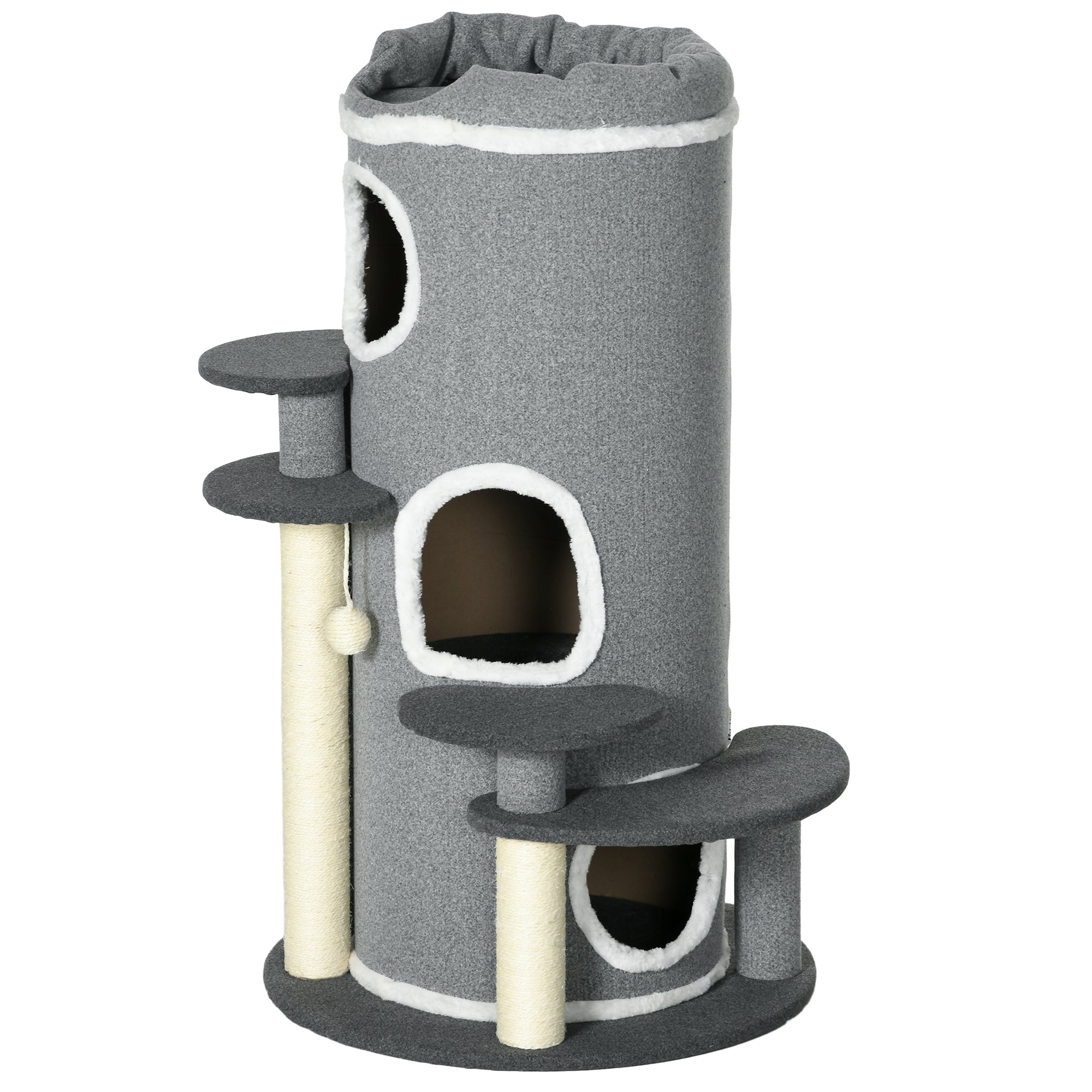 PawHut Barrel Shaped Cat Tree with Sisal Scratching Posts, Cat Bed, Platforms, Hanging Ball, Grey, Grey