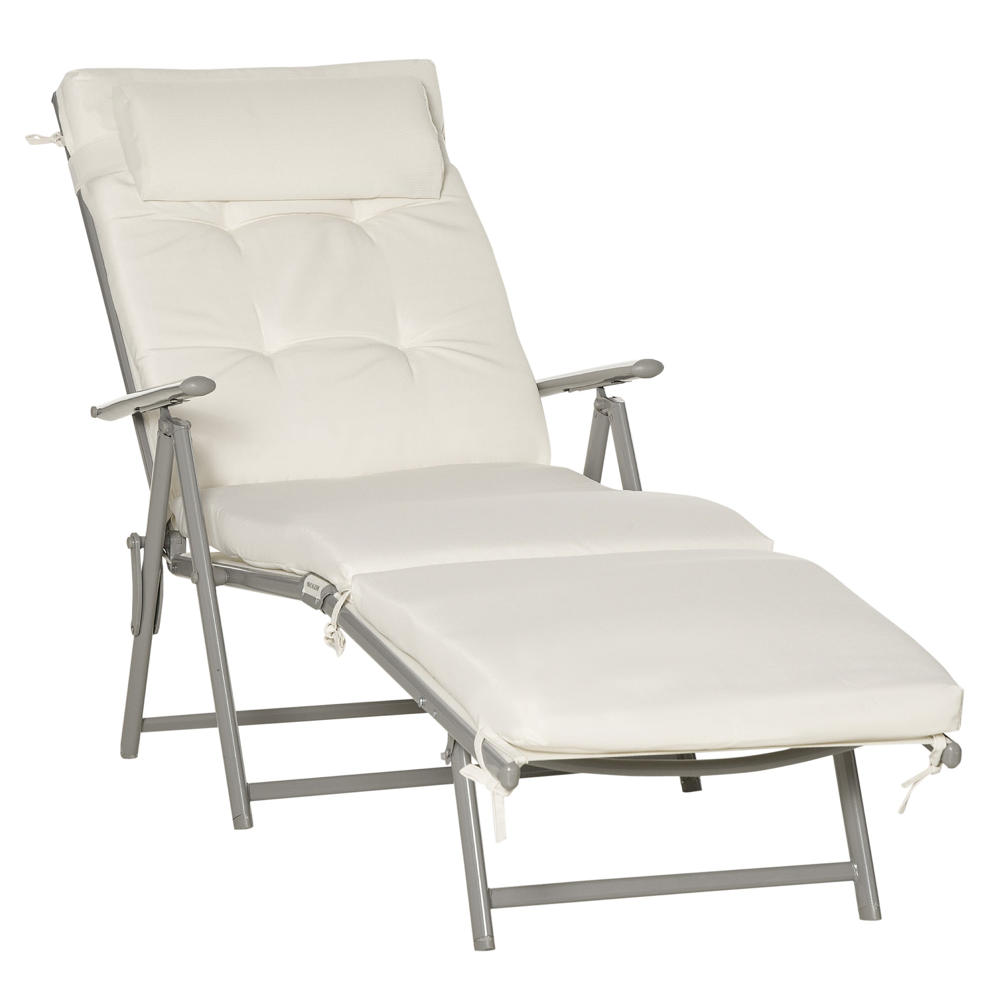 Outsunny Garden Sun Lounger: Foldable Reclining Chair with Pillow, Texteline Fabric, Adjustable Backrest, Cream White