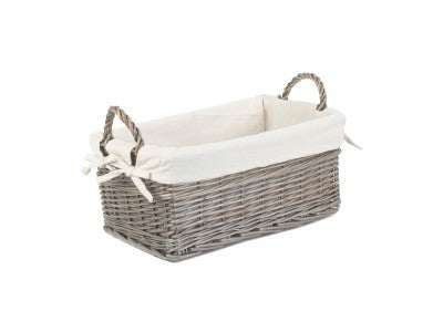 SMALL SHALLOW LINED ANTIQUE WASH STORAGE BASKET