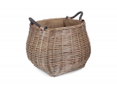 CURVE -SIDED ANTIQUE WASH HESSIAN LINED LOG BASKET