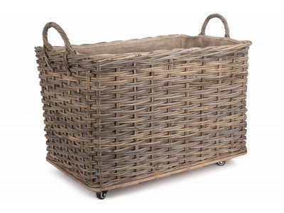 LARGE WHEELED RATTAN CORDURA LINED LOG BASKET