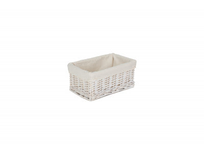 SMALL WHITE WASH WICKER STORAGE BASKET with WHITE LINING