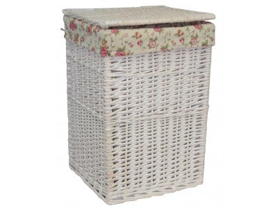 SMALL SQUARE WHITE WASH LAUNDRY HAMPER with GARDEN ROSE LINING