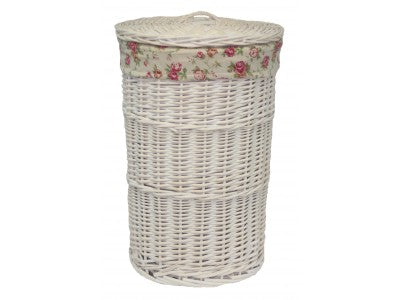 SMALL ROUND WHITE WASH LAUNDRY HAMPER with GARDEN ROSE LINING