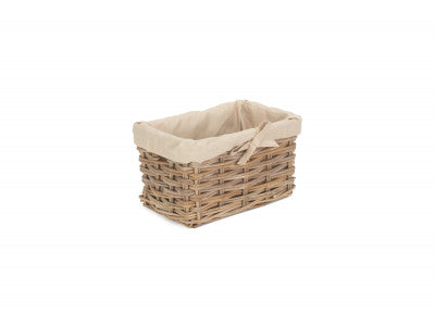 SMALL RECTANGULAR CORDURA LINED GREY RATTAN STORAGE BASKET