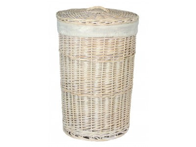 SMALL ROUND WHITE WASH LAUNDRY HAMPER with WHITE LINING