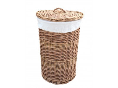 SMALL LIGHT STEAMED ROUND LINEN BASKET with WHITE LINING