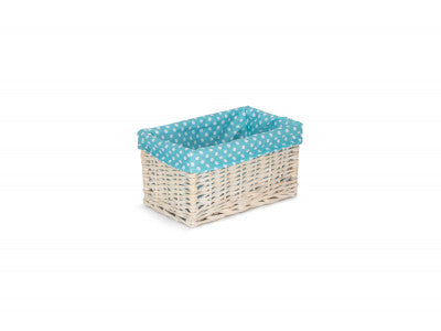 SMALL WHITE WASH STORAGE BASKET with BLUE SPOTTY LINING