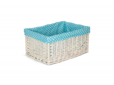 EXTRA LARGE WHITE WASH STORAGE BASKET with BLUE SPOTTY LINING