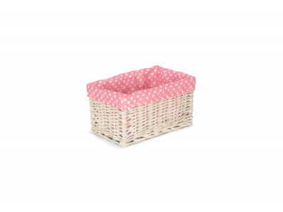 SMALL WHITE WASH STORAGE BASKET with PINK SPOTTY LINING