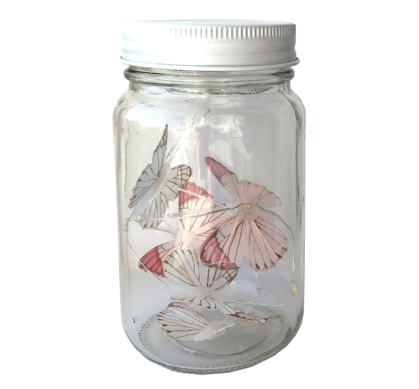 Butterfly Led Light Chain In Glass Jam Jar - Pink