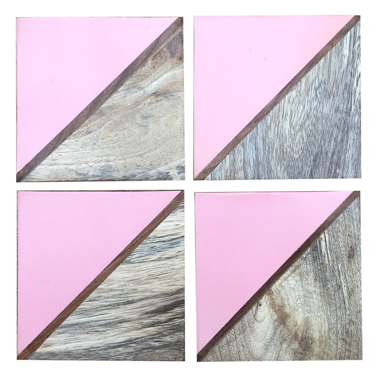 Set Of 4 Square Two Toned Wooden Coasters - Pink