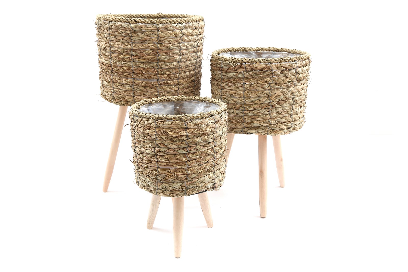 Set of Three Seagrass Planters On Stands